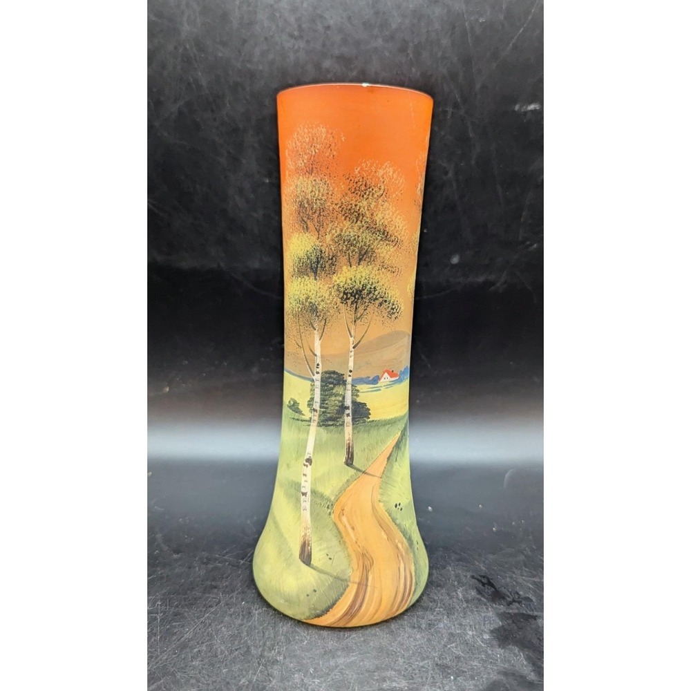 Vintage Orange Czech Bohemian Hand Painted Art Glass Vase 9" Tree Hand Painted
